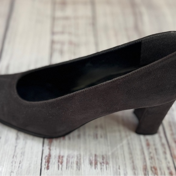 Stuart Weitzman Dark Grey Charcoal Suede Pumps Block Heel 8 Leather Square Toe - Picture 6 of 11